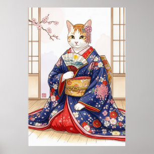 Póster Gato Elegante con Kimono Japonés Tradicional Lindo