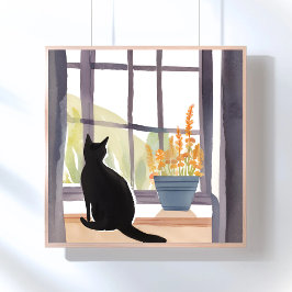 Póster Gato en alféizar | Silueta Acuarela