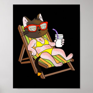Póster Gato En Bikini En Silla De Playa Bebiendo