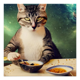 Póster Gato en el espacio comiendo arte generado por IA