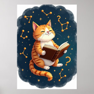 Póster Gato En El Espacio Leyendo Libro Cósmico De Bookto
