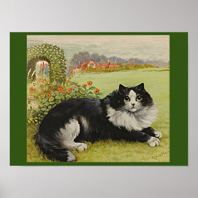 Póster Gato en el jardín por Louis Wain Card (Frente)