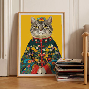 Póster Gato en estampado de kimono Colorido estampado de