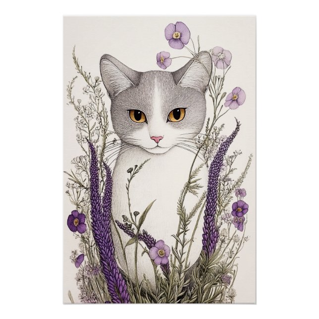 Póster Gato en flores (Anverso)