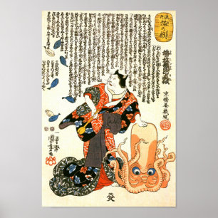 Póster Gato en Kimono, Bella Artes japonés del pulpo Kuni
