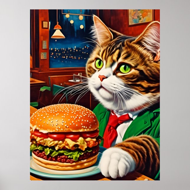 Póster Gato en la cena pide una hamburguesa de queso (Frente)