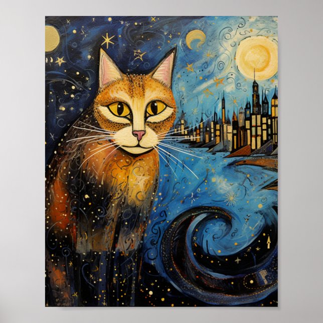 Póster Gato en la ciudad estrellada de la noche (Frente)