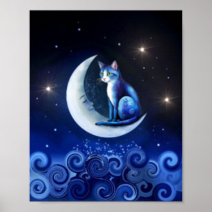 Póster Gato en la luna creciente azul gato 773