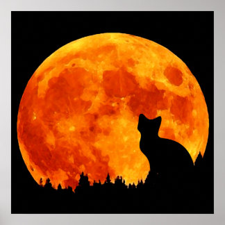 Póster Gato en la Luna naranja completa