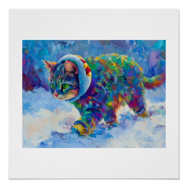 Póster Gato en la nieve con orejeras (Anverso)