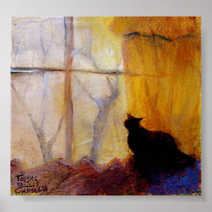 Póster Gato en la ventana con cortinas amarillas