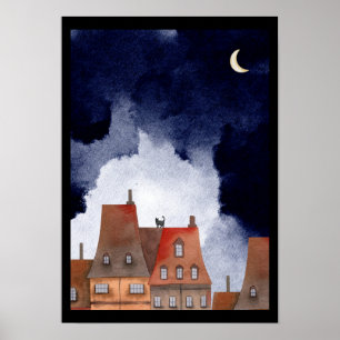 Póster Gato en los techos de París en la acuarela nocturn