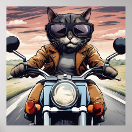 Póster Gato en moto
