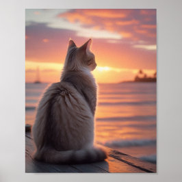 Póster Gato en un muelle con fondo oceánico y atardecer
