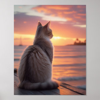 Póster Gato en un muelle con fondo oceánico y atardecer