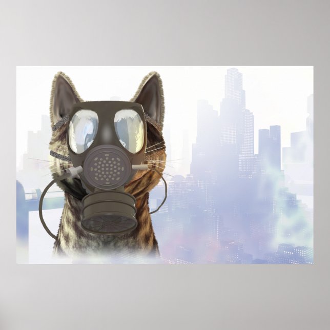 Póster Gato en un poster de ecología de mascarilla de gas (Frente)