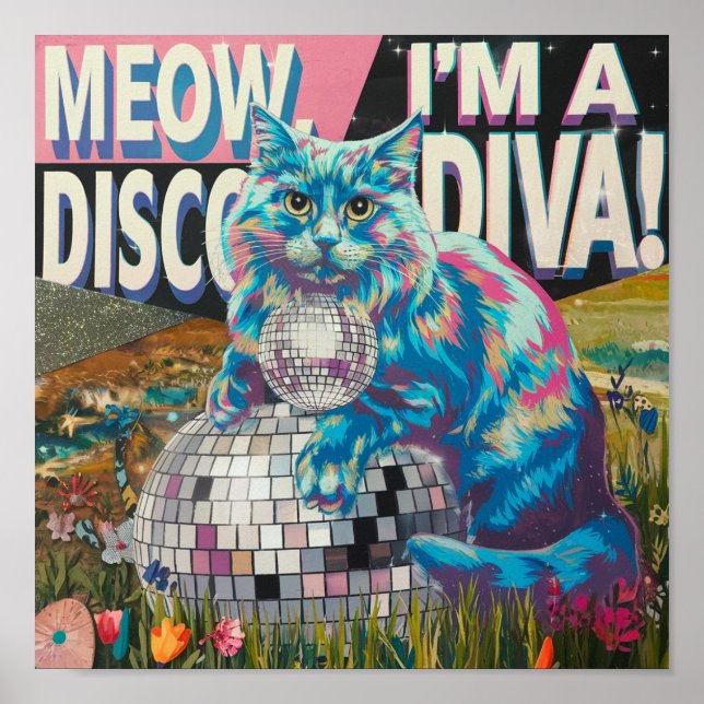 Póster gato en una bola de discoteca diva de discoteca (Frente)