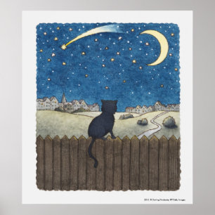 Póster Gato en una cerca mirando el cielo nocturno sobre