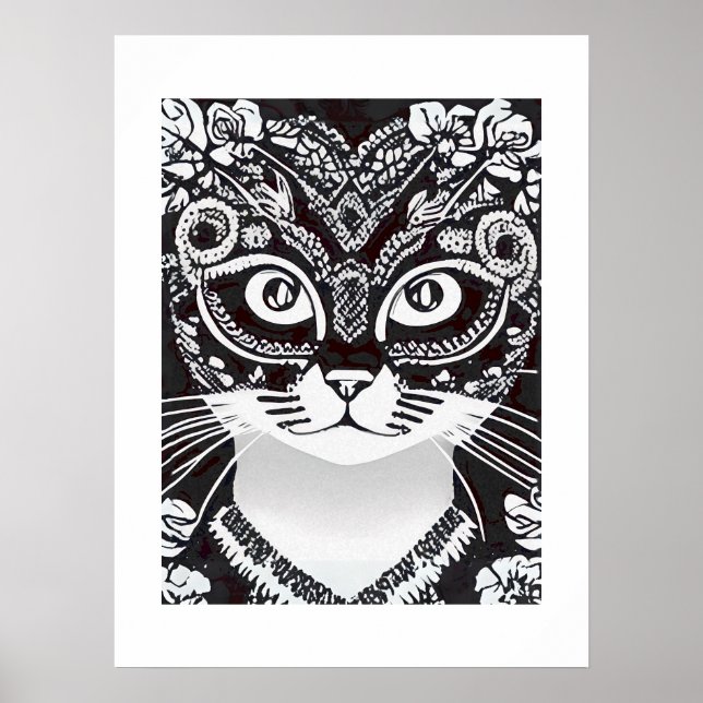 Póster Gato en una máscara de gas mardi blanco y negro (Frente)