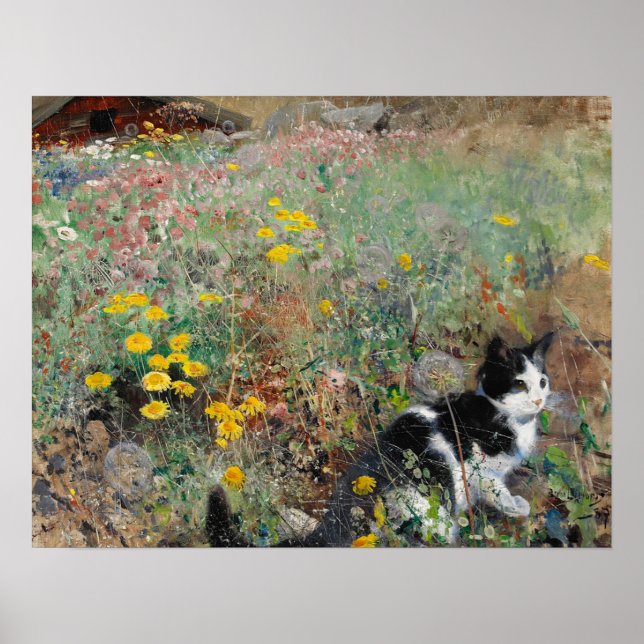 Póster Gato en una pradera florida, Bruno Liljefors (Frente)