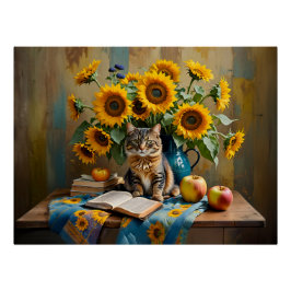 Póster Gato encantador con Bouquet de girasol