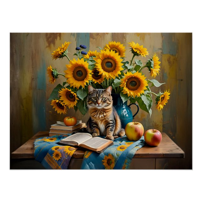 Póster Gato encantador con Bouquet de girasol (Anverso)