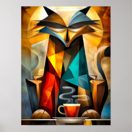 Póster Gato encantador: filósofo cubista con café