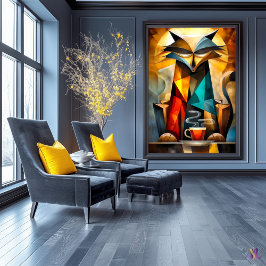 Póster Gato encantador - Filósofo cubista con café