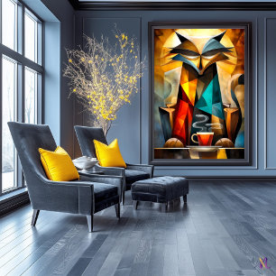 Póster Gato encantador: filósofo cubista con café