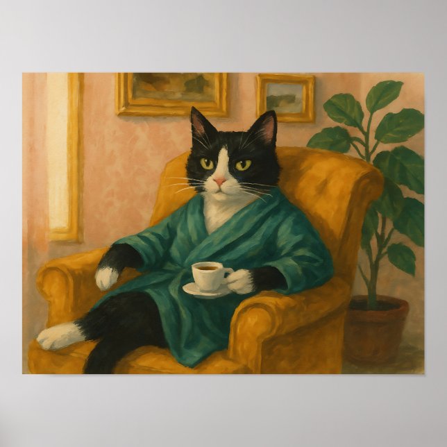 Póster Gato esmoquin divertido con bata bebiendo café  (Frente)