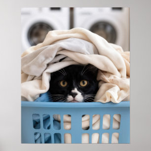 Póster Gato Esmoquin Escondiéndose en la Cesta de Ropa