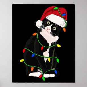 Póster Gato Esmoquin Meow Santa Tuxie Luces del árbol de 