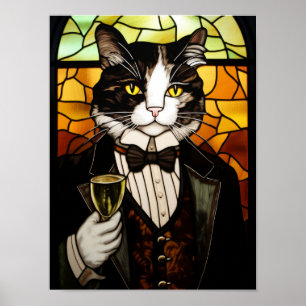 Póster Gato Esmoquinado Elegante Estilo Vidrio Emplomado