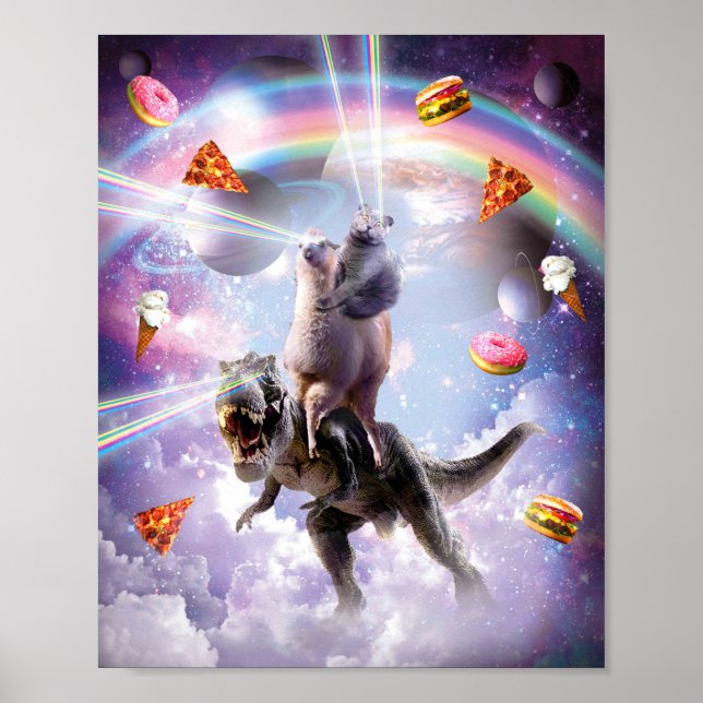 Póster Gato espacial de ojos láser en dinosaurio de Llama (Frente)
