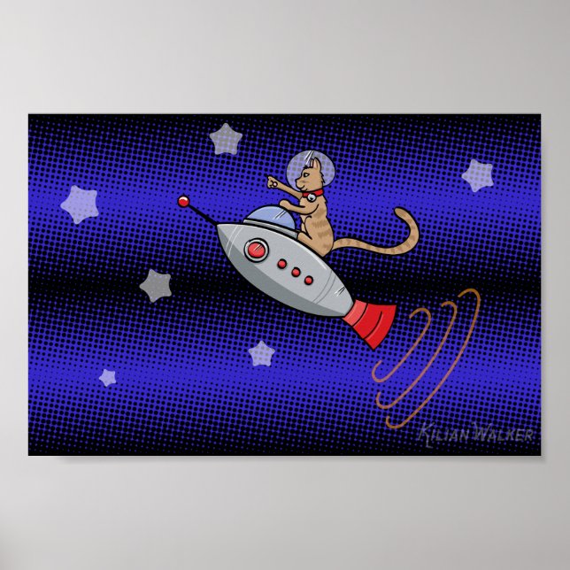 Póster Gato espacial en un cohete retro (Frente)