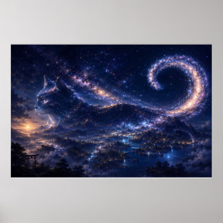 Póster Gato Espíritu Celestial Bajo la Luna de la Galaxia