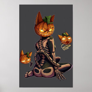 Póster Gato Esqueleto Cabeza de Calabaza Gótica Halloween