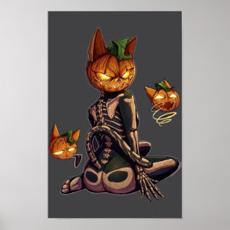 Póster Gato Esqueleto Cabeza de Calabaza Gótica Halloween