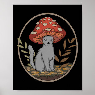 Póster Gato Estético De Cottagecore Con Gorra De Hongos