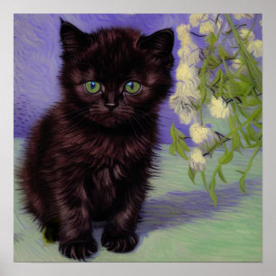 Póster Gato estilo Van Gogh con flores blancas
