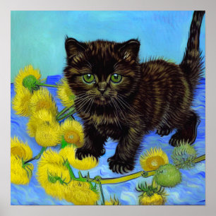 Póster Gato estilo Van Gogh con girasoles