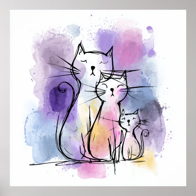 Póster Gato Familia Watercolor Giclee Poster Wall Art (Frente)