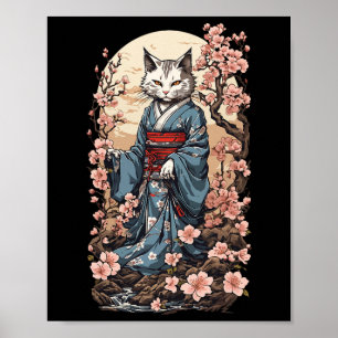 Póster Gato fantasma con kimono japonés Yokai folklore de
