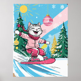Póster Gato feliz de snowboard