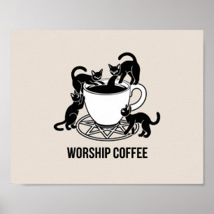 Póster Gato Feliz Y Café, Adoración Gatitos De Café