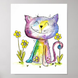 Póster Gato feliz y caprichoso con flor amarilla