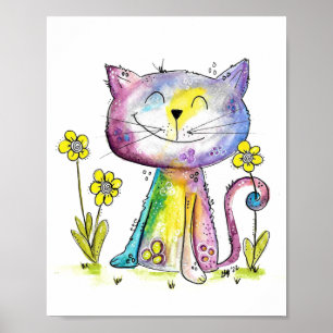 Póster Gato feliz y caprichoso con flor amarilla