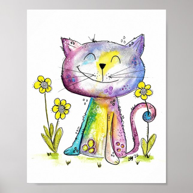 Póster Gato feliz y caprichoso con flor amarilla (Frente)