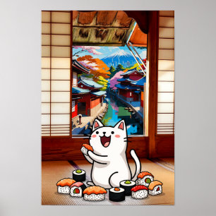 Póster Gato feliz y sushi
