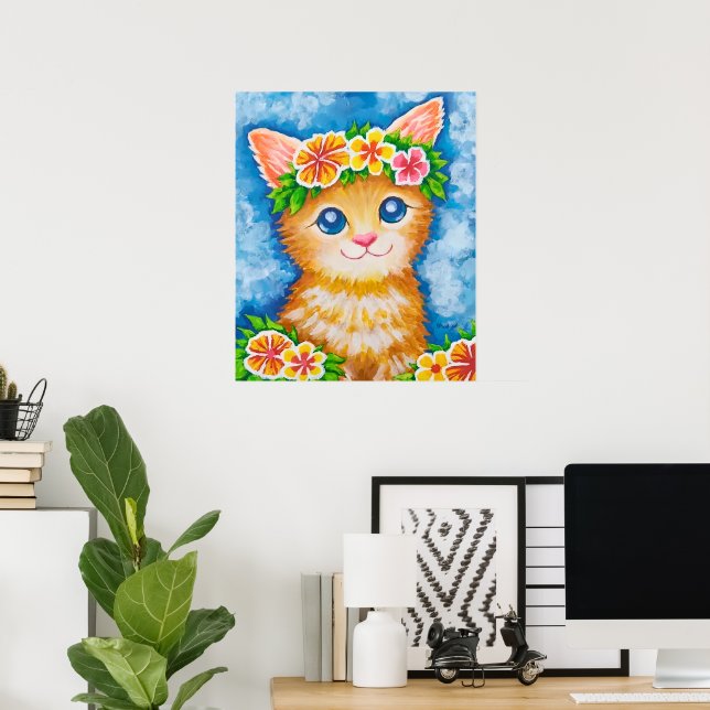 Póster Gato floral★ (Oficina en casa)